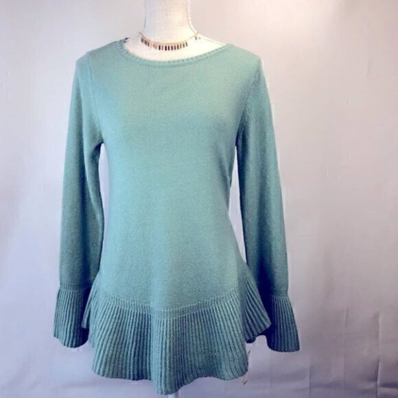 ❄️Style & Co. Ruffle Trimmed Pullover Green Flare Out Cuff Sleeve Sweater XS NEW - Picture 1 of 10